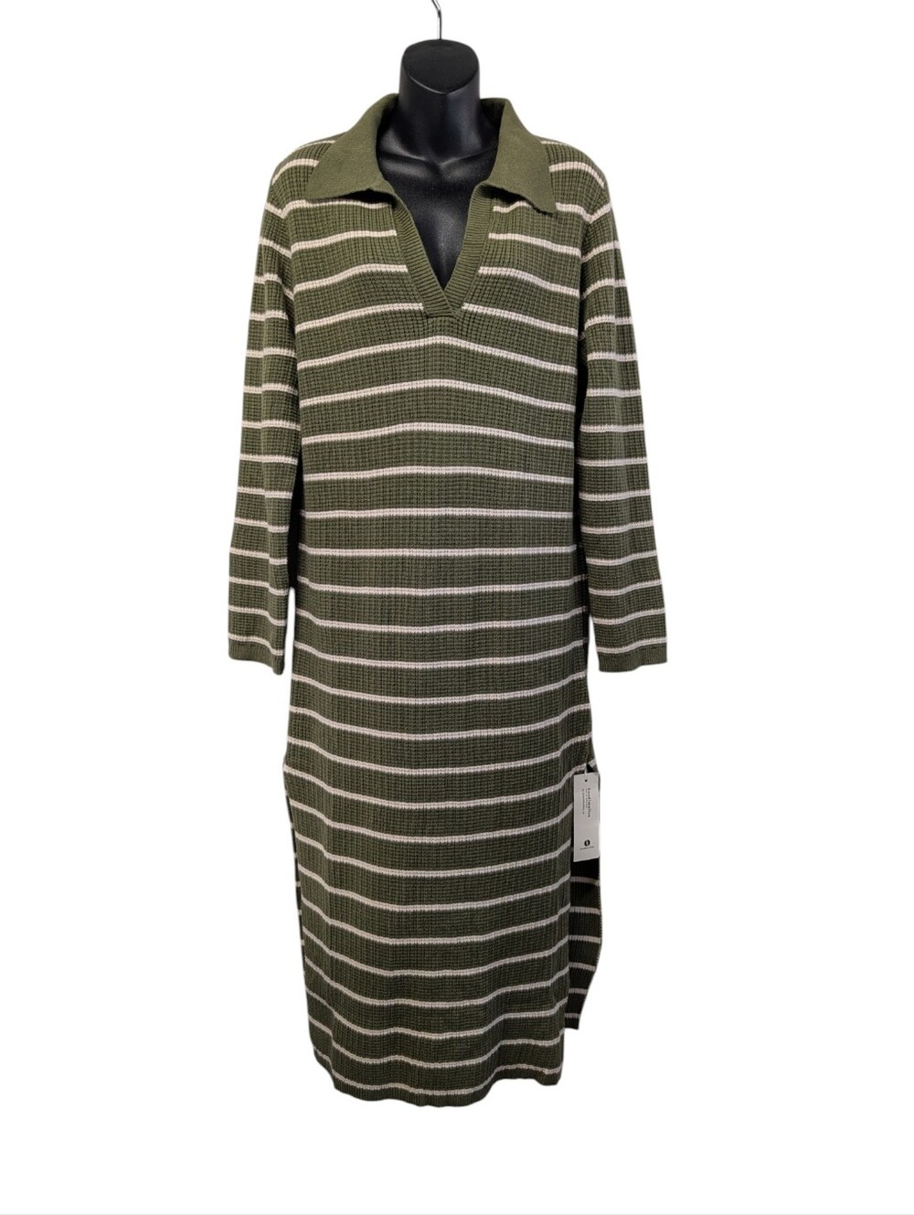 Saodimallsu Army Green Stripe Waffle Knit Polo Dress Long Sleeve Side Slit M NWT